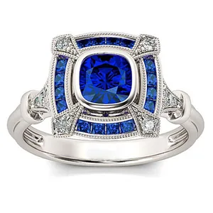 Bague de Luxe Vintage Carrée avec Strass Bleu en Alliage Art Déco Couleur Argent Géométrique Pierre Gemme Artificielle Bague pour Femme Bijoux Cadeau