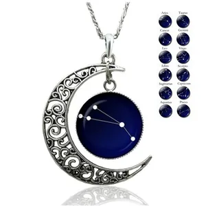 Vintage Hollow Moon Zodiac Necklace For Women Men Silver Plated Alloy Dark Blue Galaxy Star Map Constellation Pendant Jewelry Gift