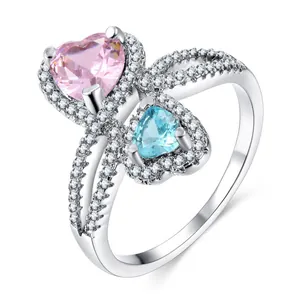 Fashion Alloy Cubic Zirconia Double Heart Ring Pink Blue Crystal Inlaid Romantic Jewelry Finger Ring For Women Daily Accessory Gift
