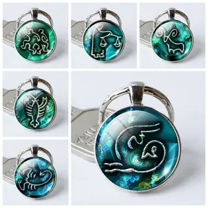 Llavero de Cabujón de Vidrio de Gema de Tiempo de Signo del Zodiaco Aleación Retro Plata Redondo Colgante Joyería Regalo