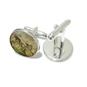 Pair of silver vintage world map cufflinks with polished finish and T-bar closure