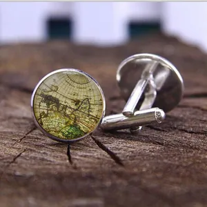 Vintage World Map Round Cufflinks For Men Women Alloy Glass Dome Map Design Business Shirt Accessories Silver Bronze Gun Black