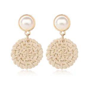 Bohemian Woven Rattan Drop Earrings With Faux Pearl Alloy Gold Plated Geometric Wicker Straw Beach Jewelry For Women