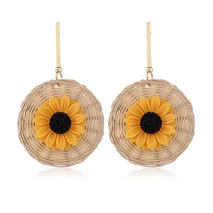 Bohemian Sunflower Braided Rattan Drop Earrings For Women Summer Vacation Beach Alloy Woven Floral Dangle Jewelry Gift
