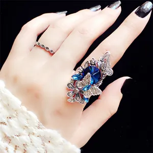 Vintage Legierung Kristall Schmetterling Ring Retro Rot Lila Blau Großer Edelstein Cocktailring Und Band Für Damen Schmuck