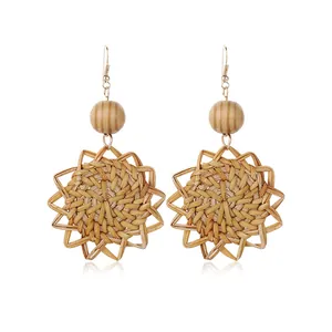 Bohemian Rattan Hand Woven Star Flower Drop Earrings Natural Wood Bead Vintage Beach Holiday Jewelry For Women
