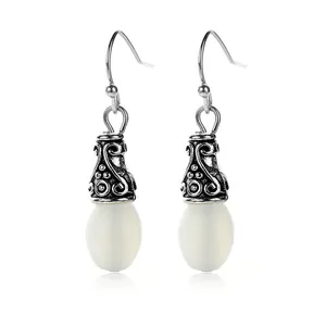 Boucles d'Oreilles Pendantes Goutte en Alliage Vintage pour Femmes Rétro Argent Gravé Pierre de Lune Synthétique Bijoux