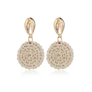 Bohemian Shell Alloy Stud Earrings Hand Woven Rattan Round Drop Earrings For Women Beach Vacation Jewelry Gift