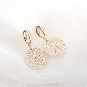 Bohemian seashell stud earrings with gold metal and beige woven round pendants