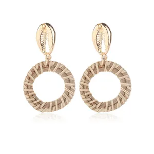 Bohemian Alloy Shell Stud Earrings With Round Woven Straw Rattan Dangle For Women Beach Vacation Fashion Jewelry Gift