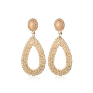 Bohemian Woven Water Drop Dangle Earrings Gold Tone Alloy Natural Rattan Weave Stud Earrings For Women Summer Vacation Gift