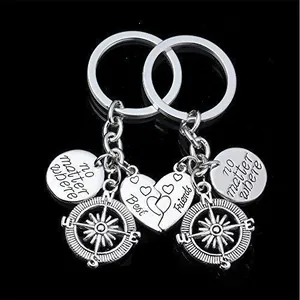 Set di due portachiavi Best Friends con bussola e ciondoli incisi in argento lucido