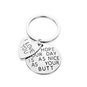 Humorous Engraved Metal Keychain Heart Round Tag I Love You Quote Couple Gift Silver Alloy Key Ring Accessory