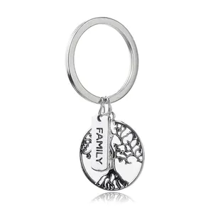 Stainless Steel Tree Of Life Family Letter Keychain Silver Hollow Circular Pendant Key Ring Jewelry For Men Women Gift