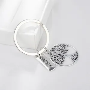 Silver Tree of Life keychain with rectangular metal tag engraved with FAMILY lettering
