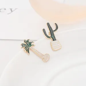 Tropical style cactus and palm tree enamel pins set with gold plating for fashion outfits
