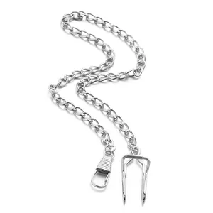 Polished silver metal chain accessory with snap hook and U-clip on white background