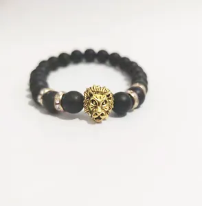 Pulsera de Cuentas de Cabeza de León Punk para Hombre Aleación Dije de Strass Cuentas Negras Mates Pulsera Elástica Joyería de Moda