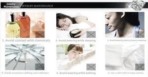 Guide showing jewelry maintenance tips like avoiding chemicals and soft cloth cleaning