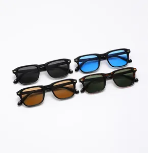 Top view of four square sunglasses in black and tortoiseshell with colorful lenses