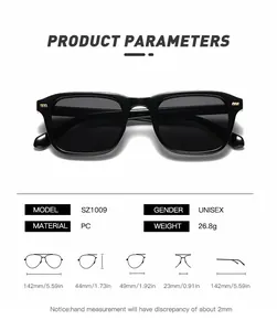 Detailed technical drawing of square sunglasses showing exact frame and lens dimensions