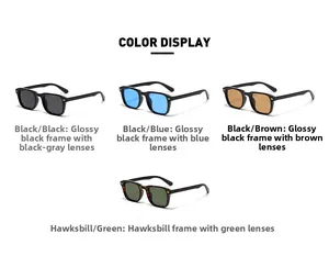 Multiple color display of vintage square sunglasses with black, blue, and tortoiseshell frames
