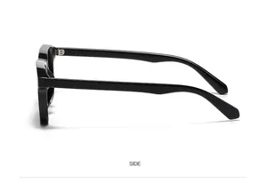 Side view of sleek black square sunglasses with broad temples and glossy fashion finish