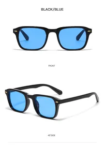 Detailed view showing the front and side of black square sunglasses with blue lenses