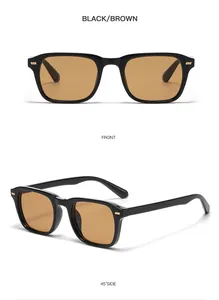Front and 45-degree side views of black square sunglasses with brown lenses and gold rivets