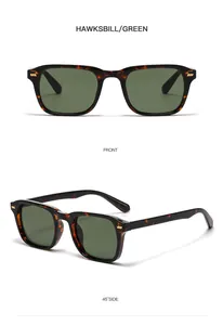 Front and side view of vintage tortoise shell square sunglasses with green lenses