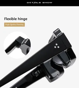 Detail view of flexible hinges and iconic triple silver rivets on black retro sunglasses