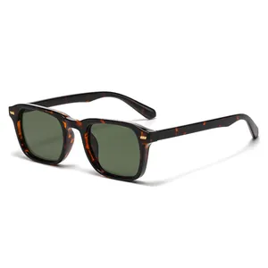 Retro tortoise shell square sunglasses with green lenses and gold metal accents