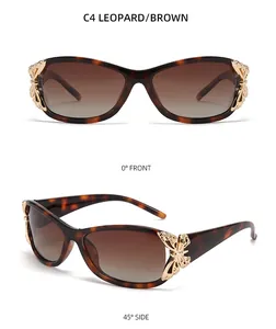 Vue détaillée des lunettes de soleil léopard avec charnière papillon dorée et verres dégradés