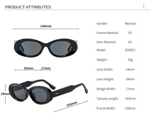 Detailed view of black oval sunglasses with PC frame and AC lenses showing dimensions