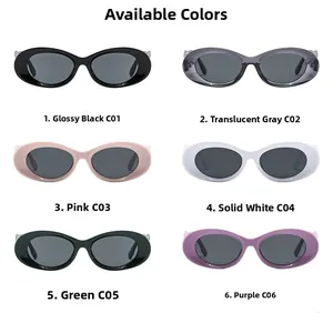 Matrix display of vintage oval sunglasses in black, grey, pink, white, green, and purple