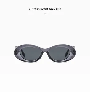 Detail view of oval sunglasses in translucent grey finish with dark lenses and model C02