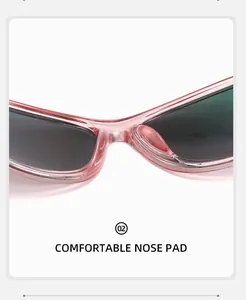 Détail des lunettes de soleil rose translucide montrant le repose-nez intégré confortable