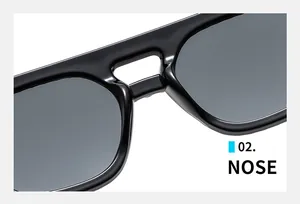 Vue détaillée du double pont de nez sur des lunettes aviateur noir brillant