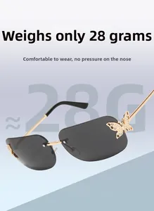 Detail of rimless butterfly sunglasses with grey lenses and diamond-studded metal accents
