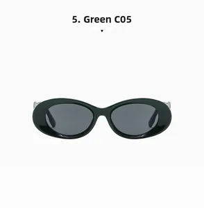 Detail view of oval dark green sunglasses frame with silver metal hinge and C05 code