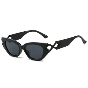Modische schwarze Cat-Eye Sonnenbrille mit geometrischen Bügeln auf weißem Grund