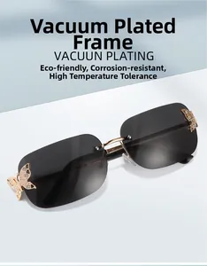 Detail of rimless sunglasses with gold crystal butterflies and vacuum plated frames