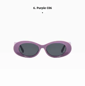 Detail view of purple oval frame sunglasses with dark lenses and minimalist retro design