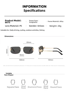 Detailed size specifications for rimless butterfly sunglasses with dimensions and alloy weight