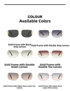 Detail view of butterfly gold metal temples on rimless gradient square sunglasses