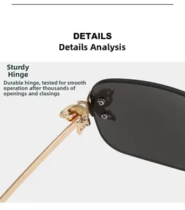 Close-up of durable metal hinge with butterfly decoration on rimless square sunglasses
