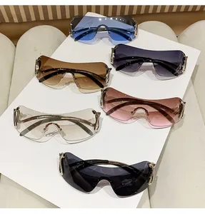 Detailed display of frameless Y2K wrap-around sunglasses in six vibrant color options