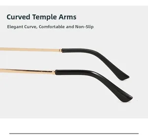Detail of curved metal temples with non-slip tips for rimless butterfly sunglasses
