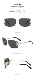 Detail of rimless square sunglasses with butterfly crystal decor and golden metal temples