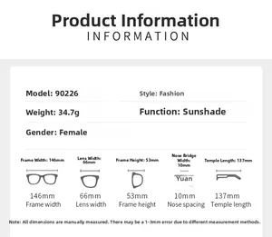 Tableau des tailles détaillé pour lunettes aviateur modèle 90226 avec dimensions
